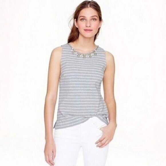 J. CREW / Striped Jeweled Neckline Tank Top Gray & White Sleeveless Sz S - Picture 1 of 11